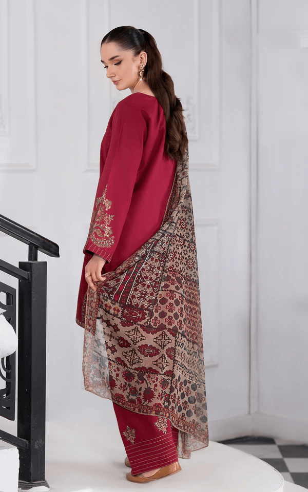 Elegant Pakistani dress featuring a rich maroon embroidered viscose suit and patterned dupatta