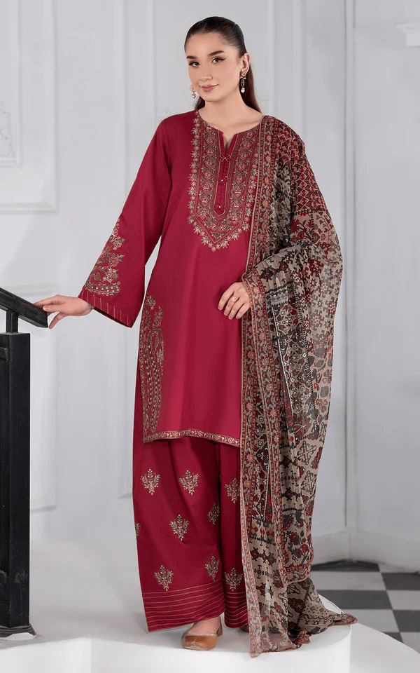 Rich Maroon Embroidered Viscose Suit with Elegant Design and Matching Dupatta for Festive Occasions