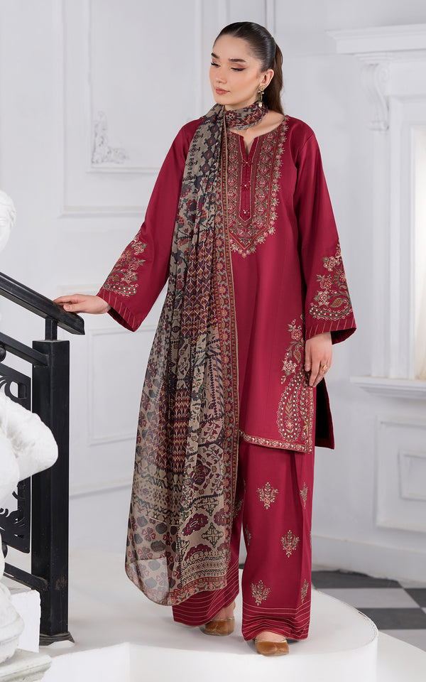Rich Maroon Embroidered Viscose Suit by Malbusaat with intricate detailing and elegant dupatta