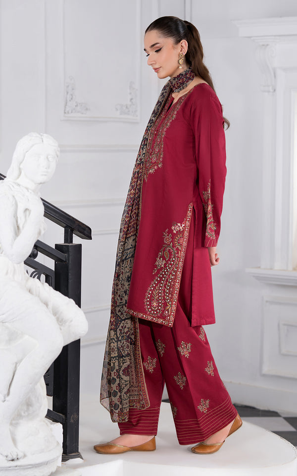 Rich Maroon Embroidered Viscose Suit featuring intricate embroidery and matching dupatta for elegant occasions