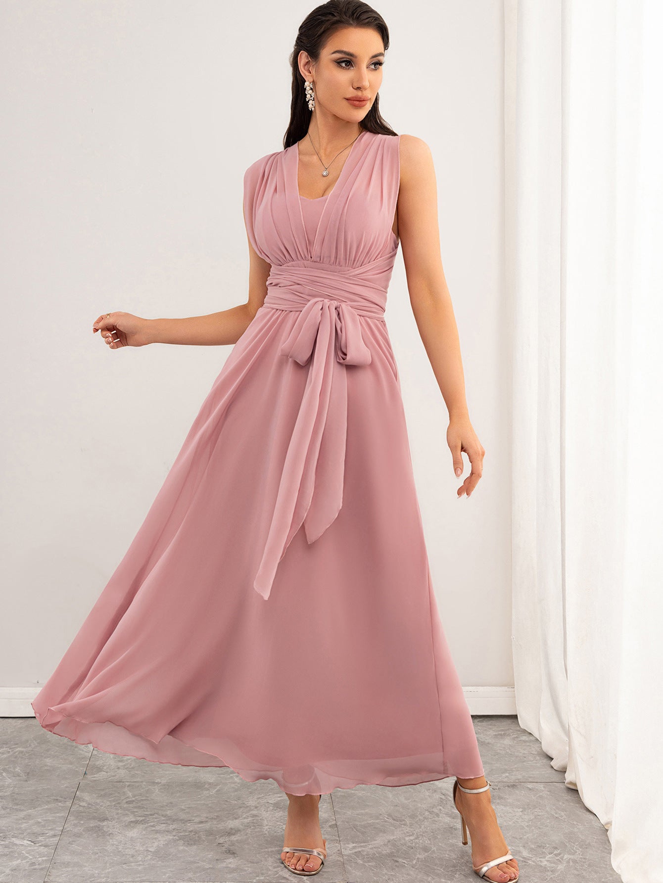 Malbusaat chiffon pink maxi dress UK sleeveless V neck gown with ruched waist tie and flowing skirt for weddings and events