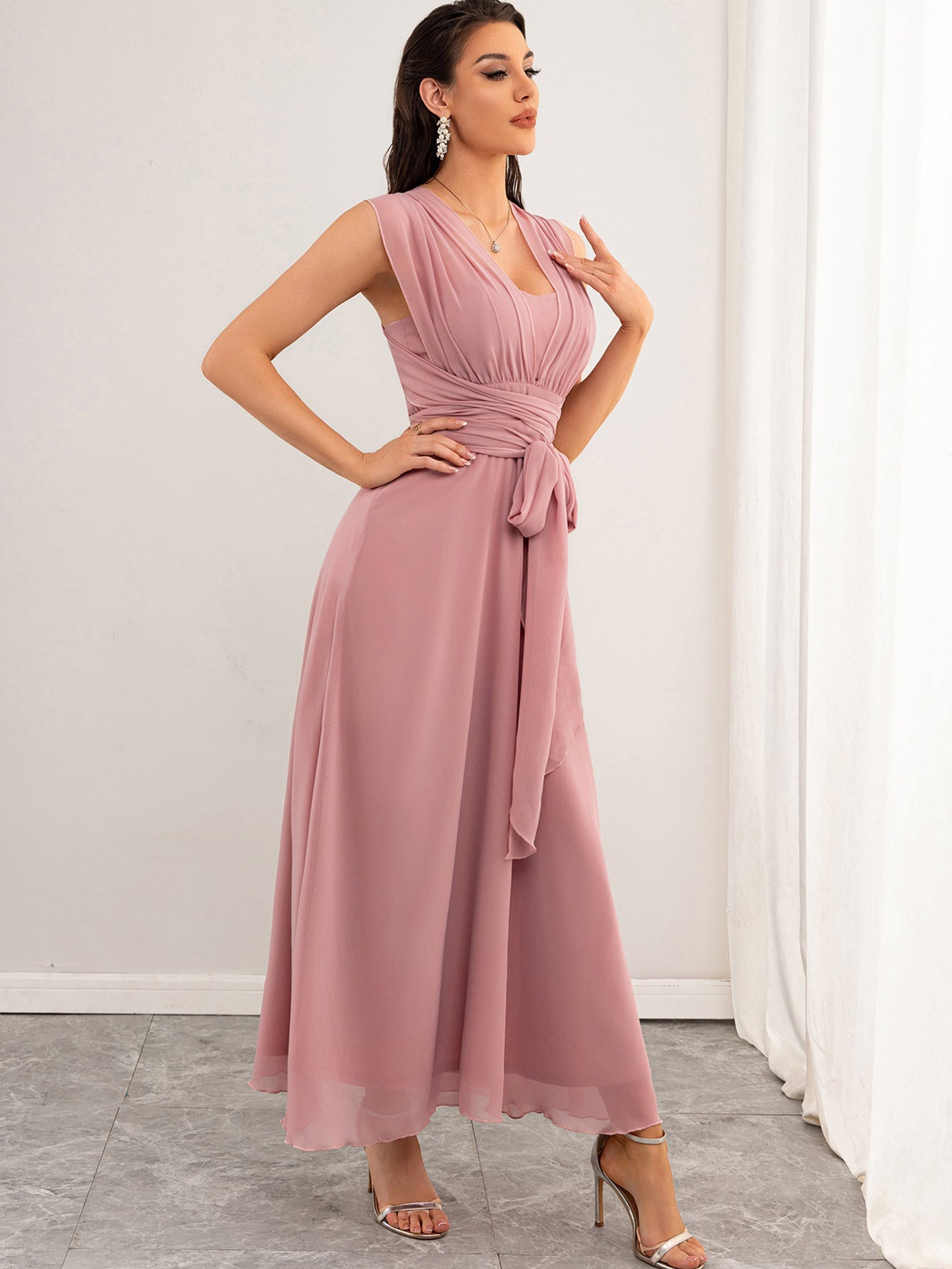 Malbusaat chiffon pink maxi dress UK sleeveless V neck with ruched wrap waist and flowing skirt