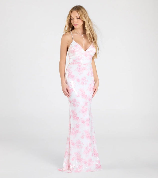 Pink Floral Sequin Evening Dress in - by Malbusaat