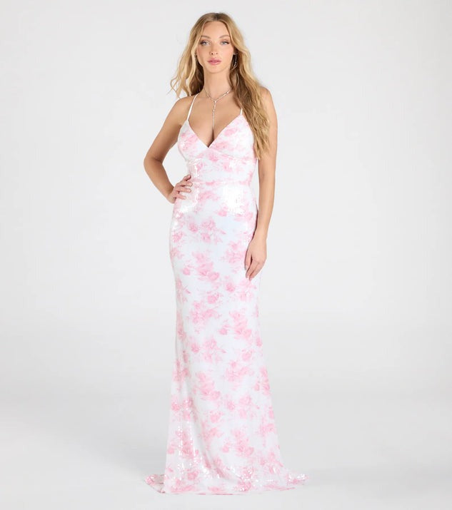 Pink Floral Sequin Evening Dress in Pink - by Malbusaat