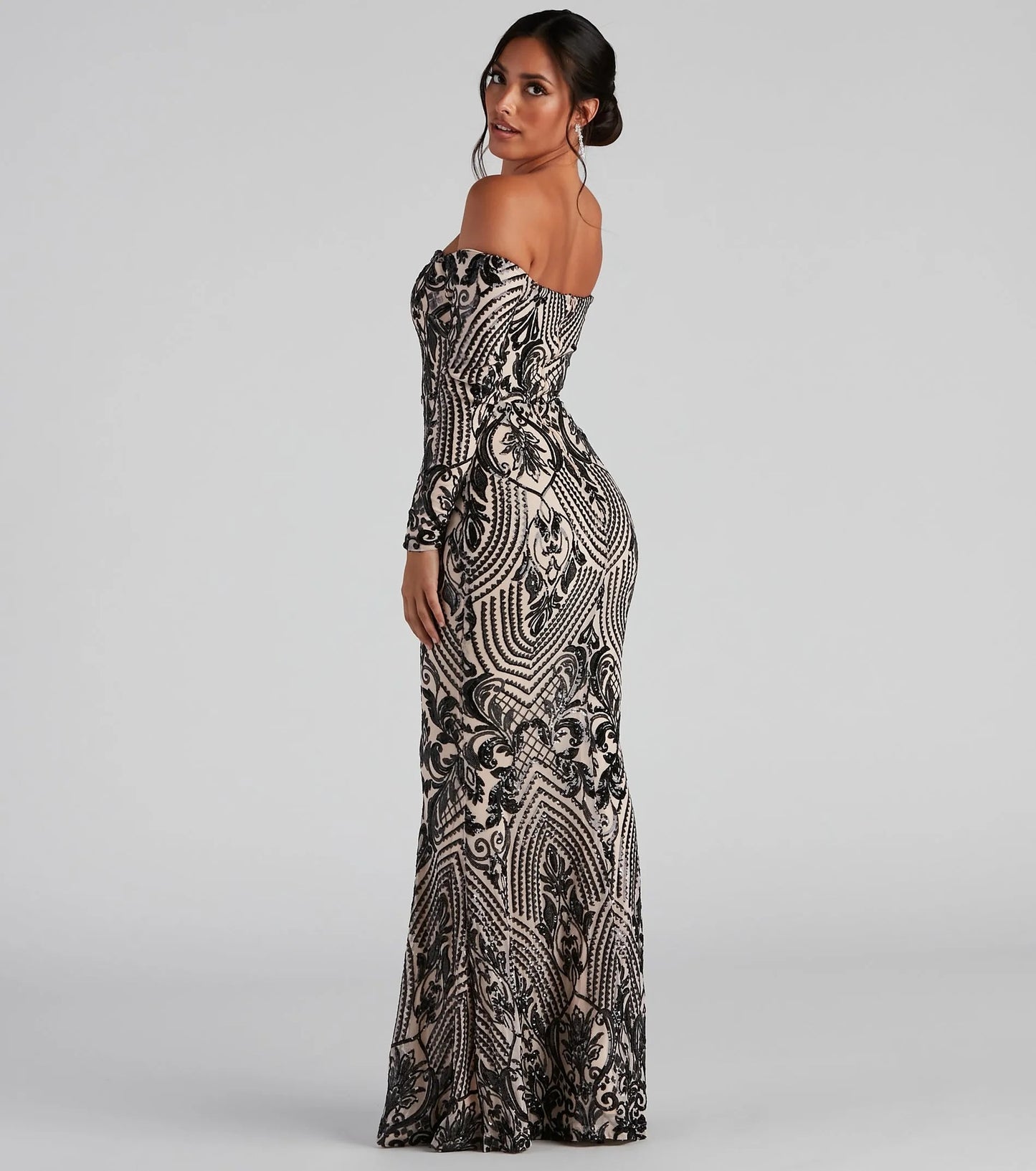Malbusaat sequin off shoulder maxi dress in black and gold with elegant floral design