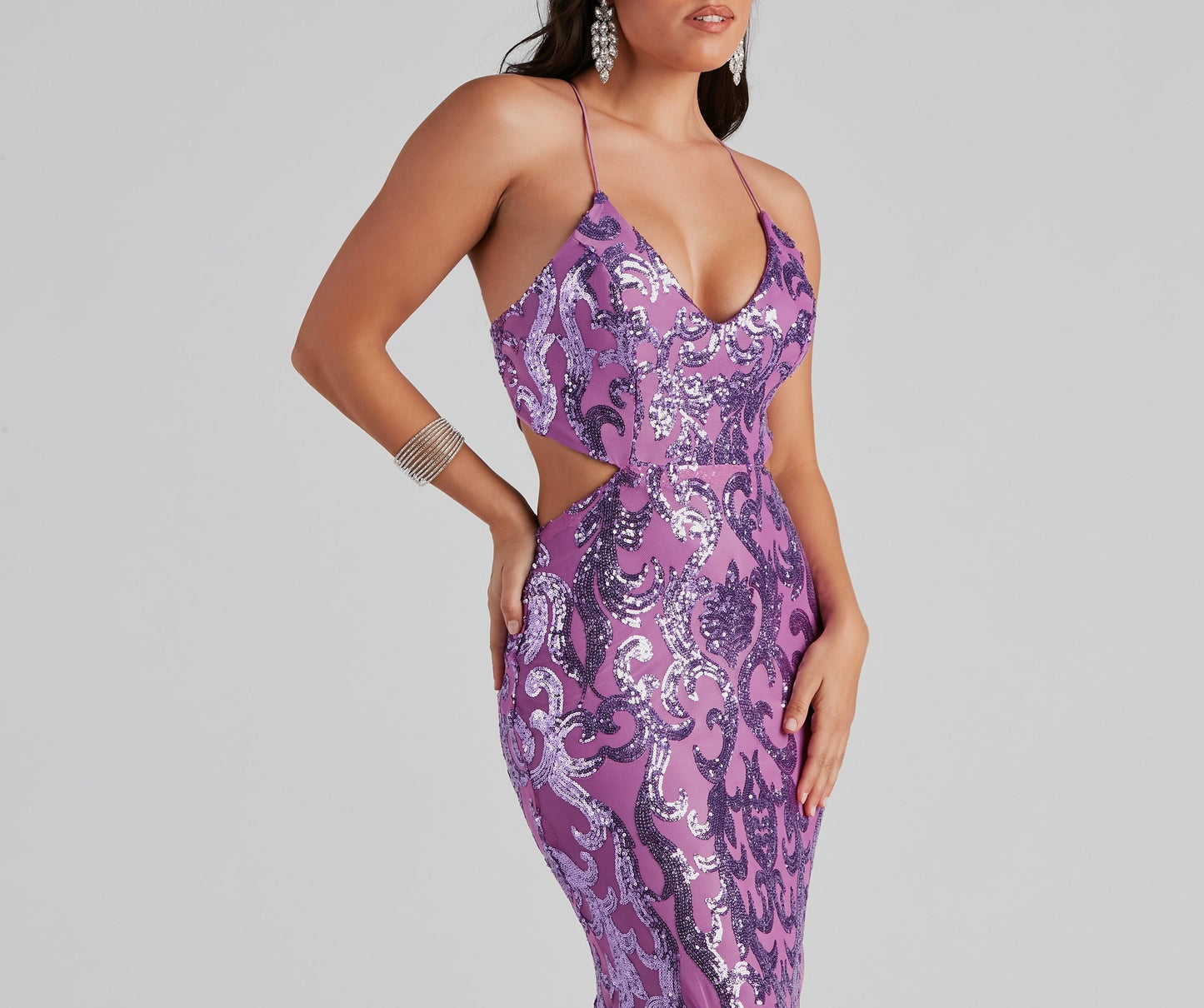 Malbusaat sequin party maxi dress in purple with plunging neckline and cut-out detail