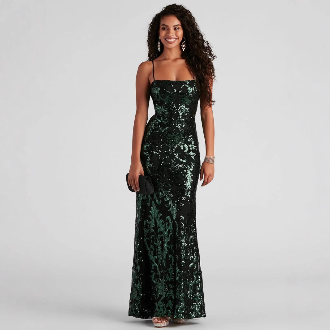 Malbusaat sequin sling formal maxi dress in green black pattern with elegant spaghetti straps