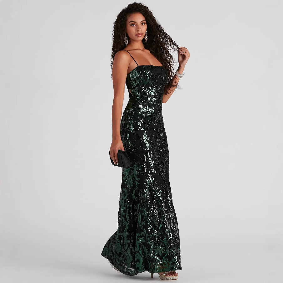 Elegant Malbusaat sequin sling formal maxi dress in black and green, perfect for special occasions