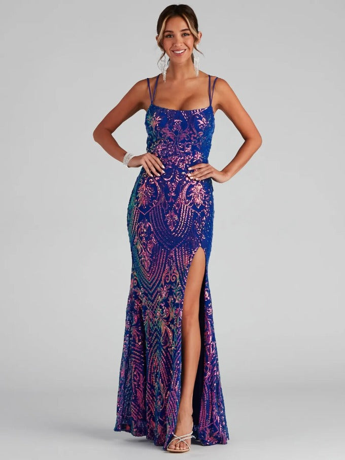 Malbusaat sequined slit evening dress in blue with intricate designs and a thigh-high slit
