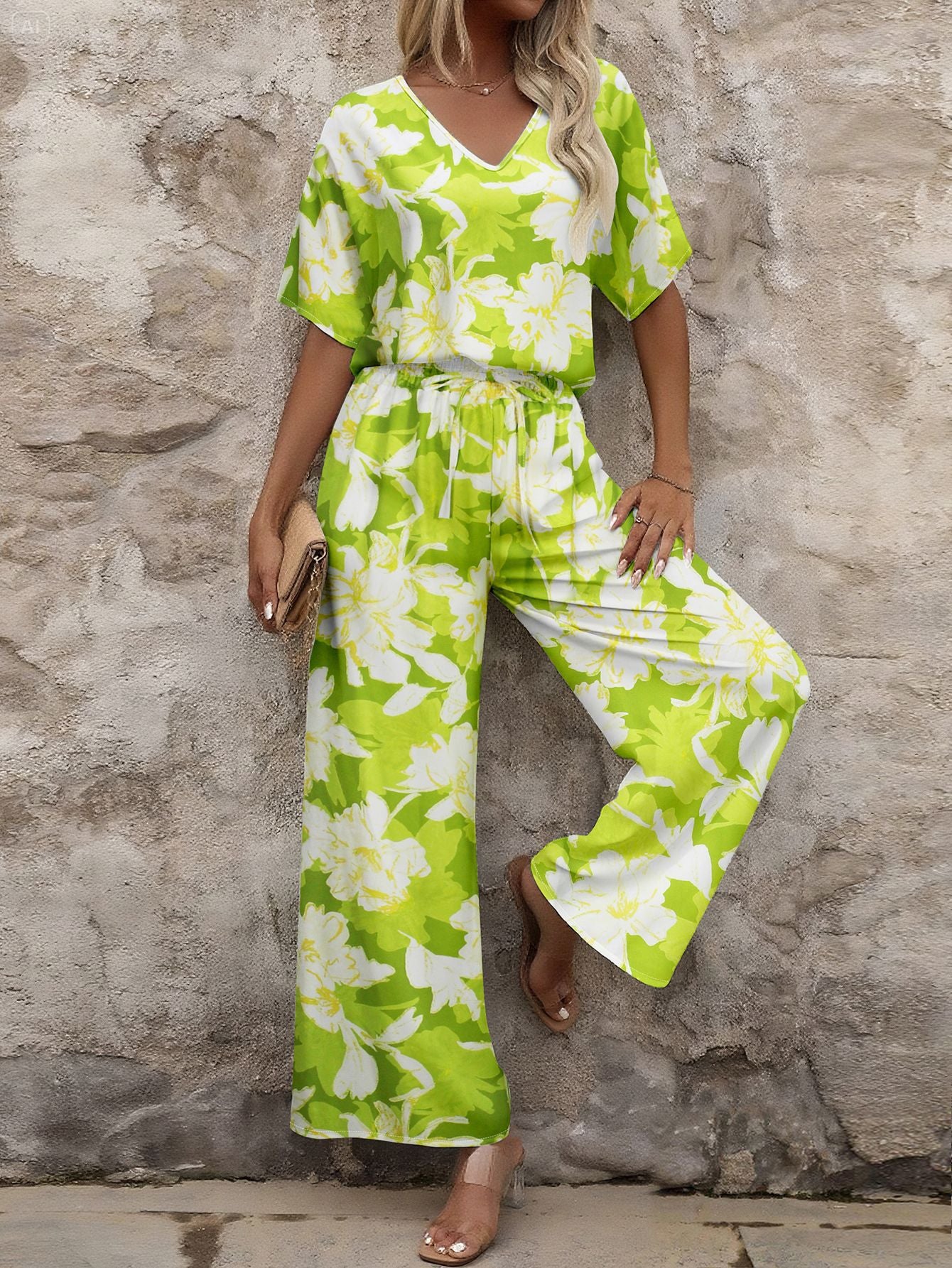 Green and white floral short sleeved ladies jumpsuit outfit with wide legs and V-neck by Malbusaat