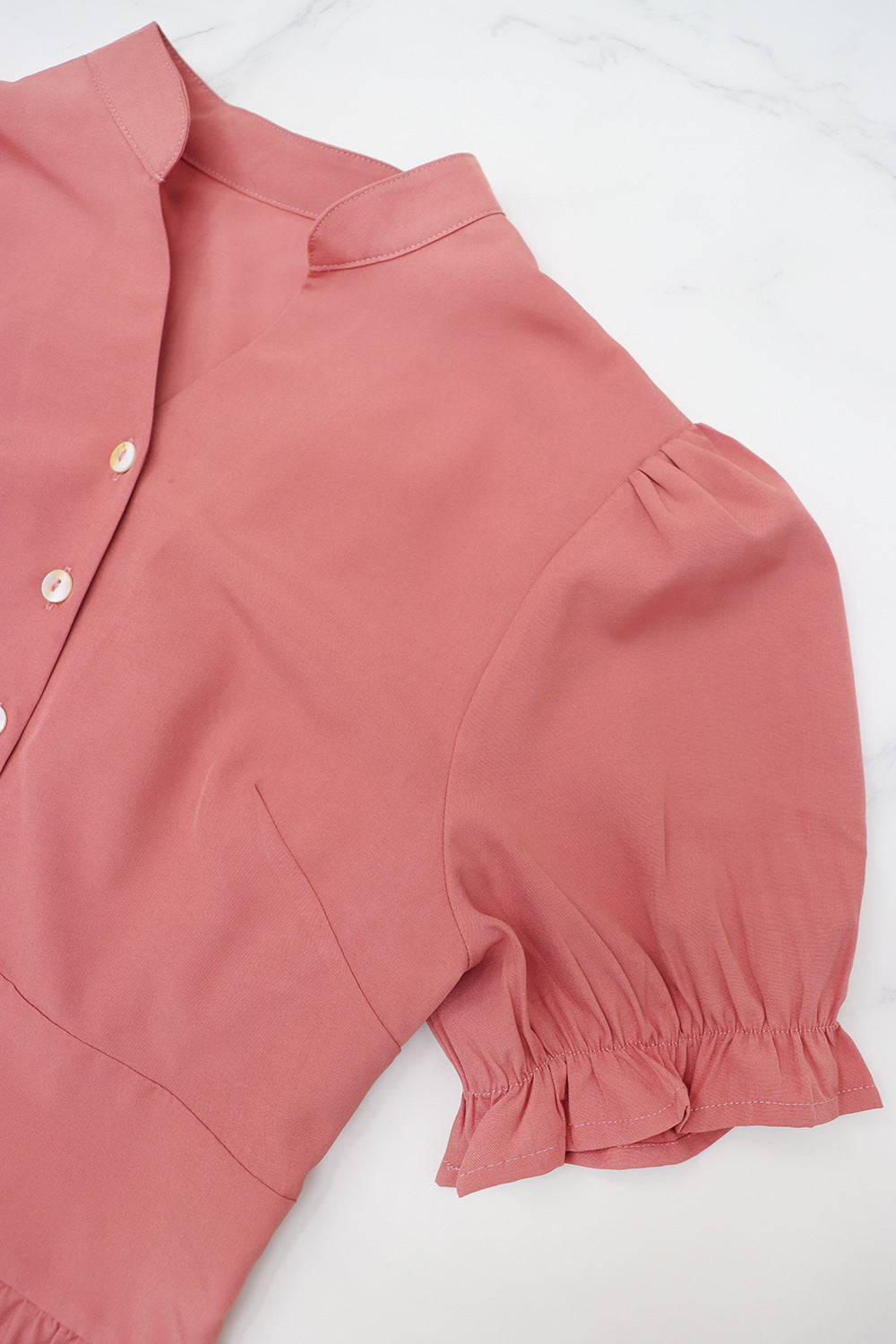 Malbusaat solid v-neck maxi dress in dusty pink with puff sleeves and button detailing