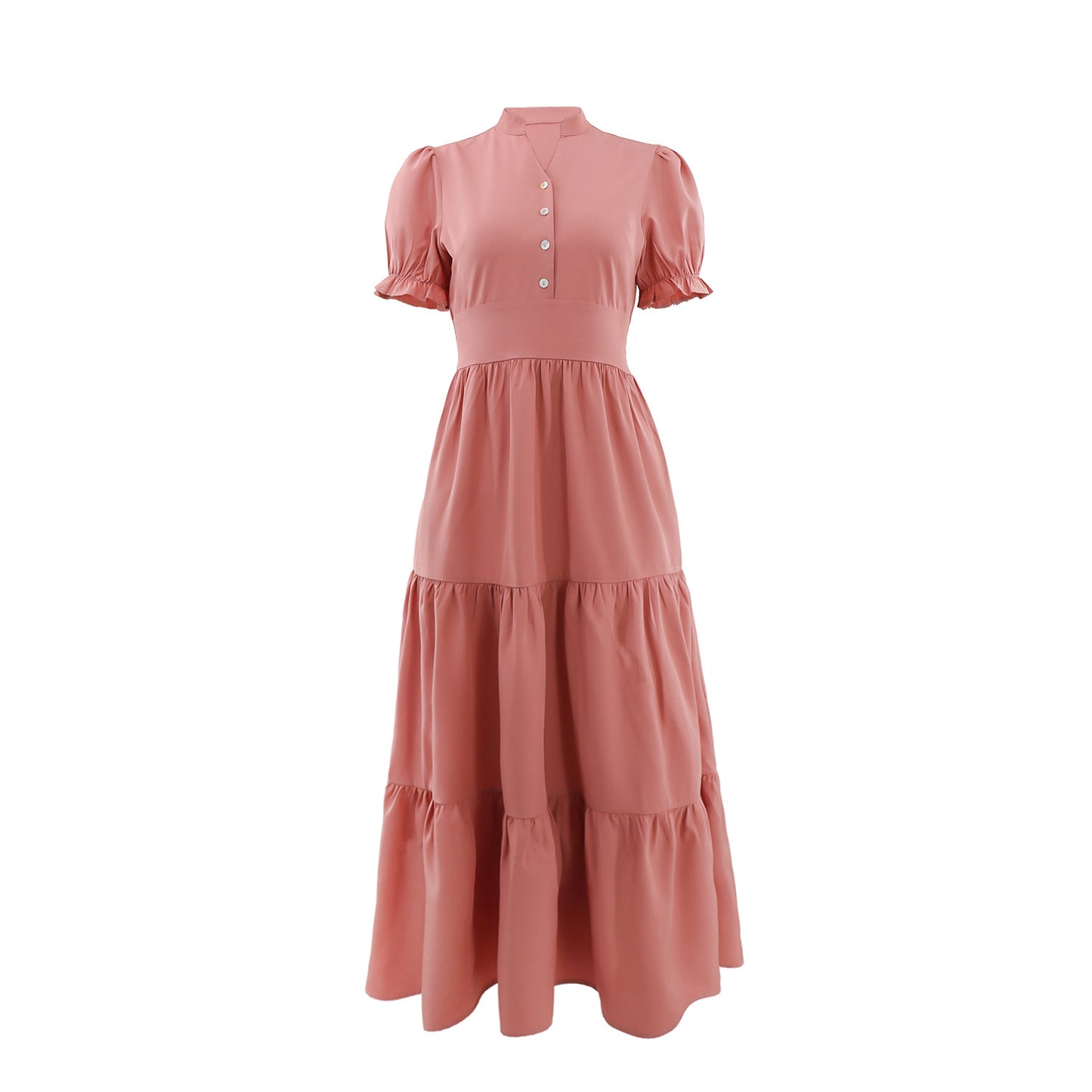 Malbusaat solid v-neck maxi dress in pink with puff sleeves and tiered skirt detailing