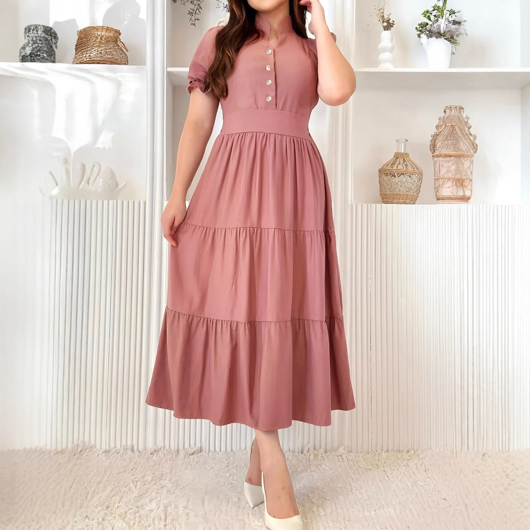 Malbusaat solid v-neck maxi dress in dusty pink with button details and tiered skirt