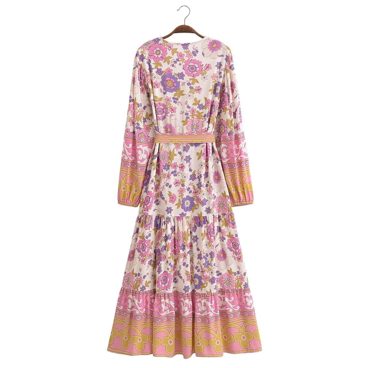Malbusaat spring floral midi dress for women with long sleeves and multicolour floral print
