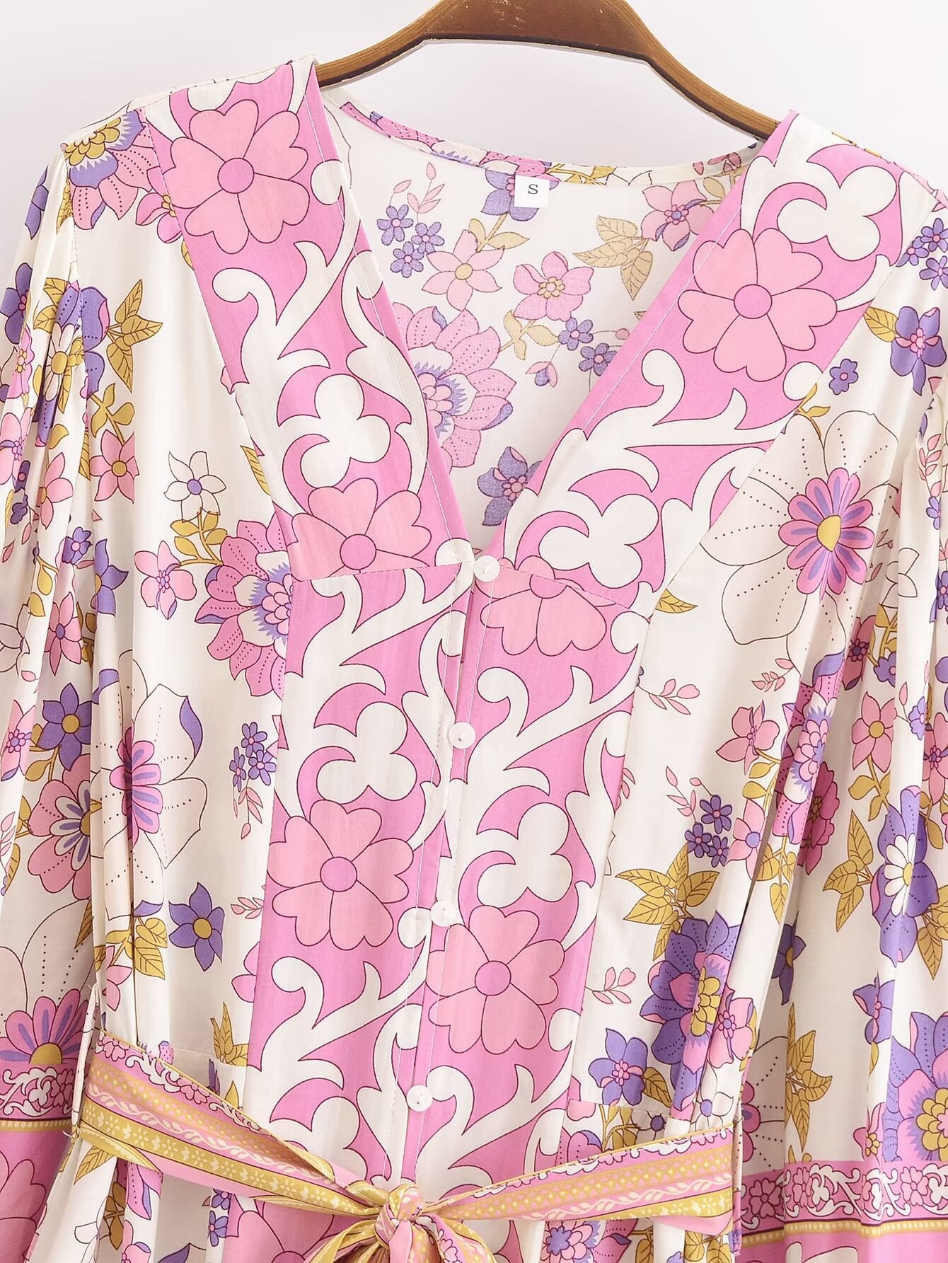 Malbusaat spring floral midi dress for women with pink and purple flower patterns on white fabric