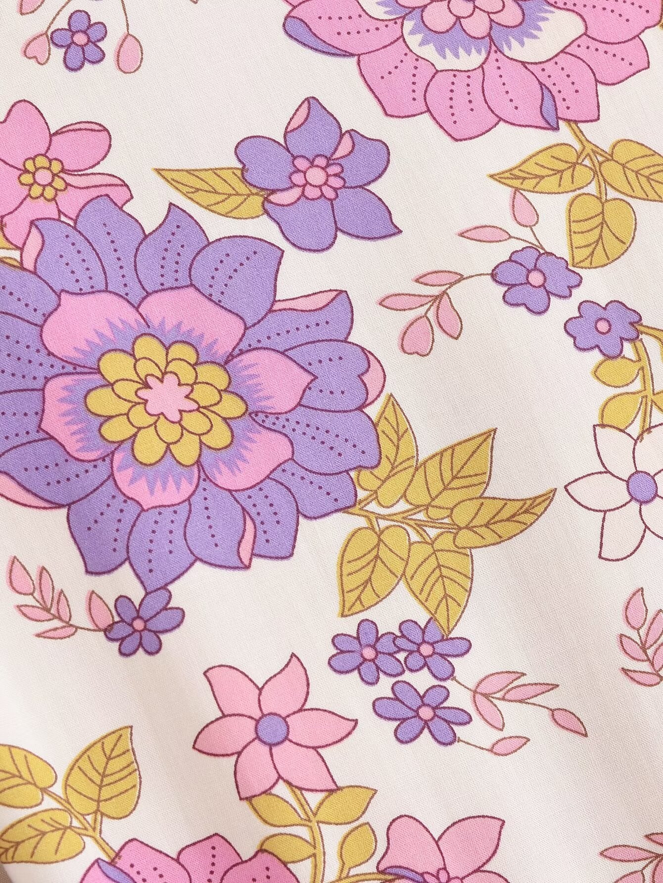 Close-up of Malbusaat spring floral midi dress for women featuring purple pink and yellow flower patterns
