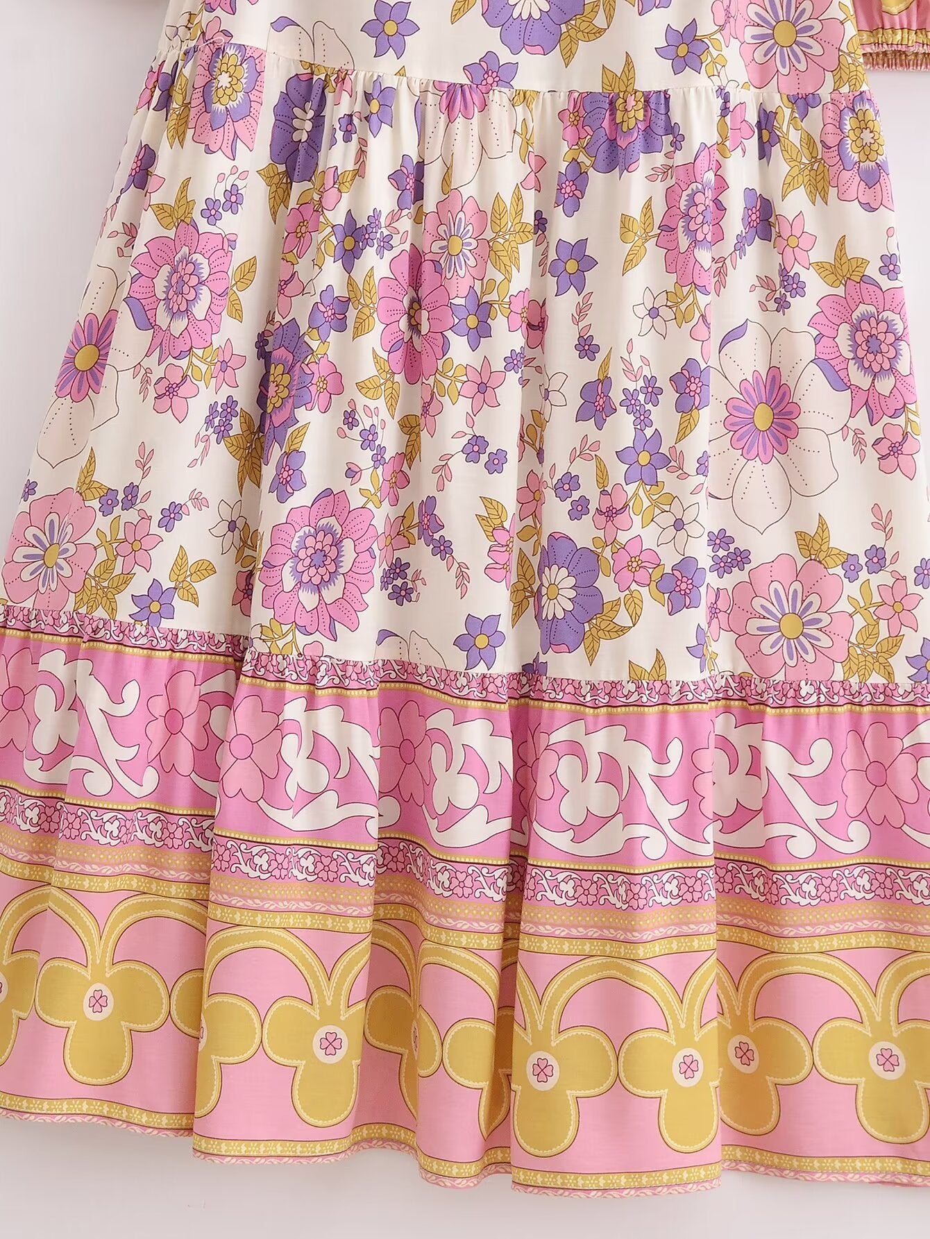 Malbusaat spring floral midi dress for women with pink and yellow flower patterns on cream fabric