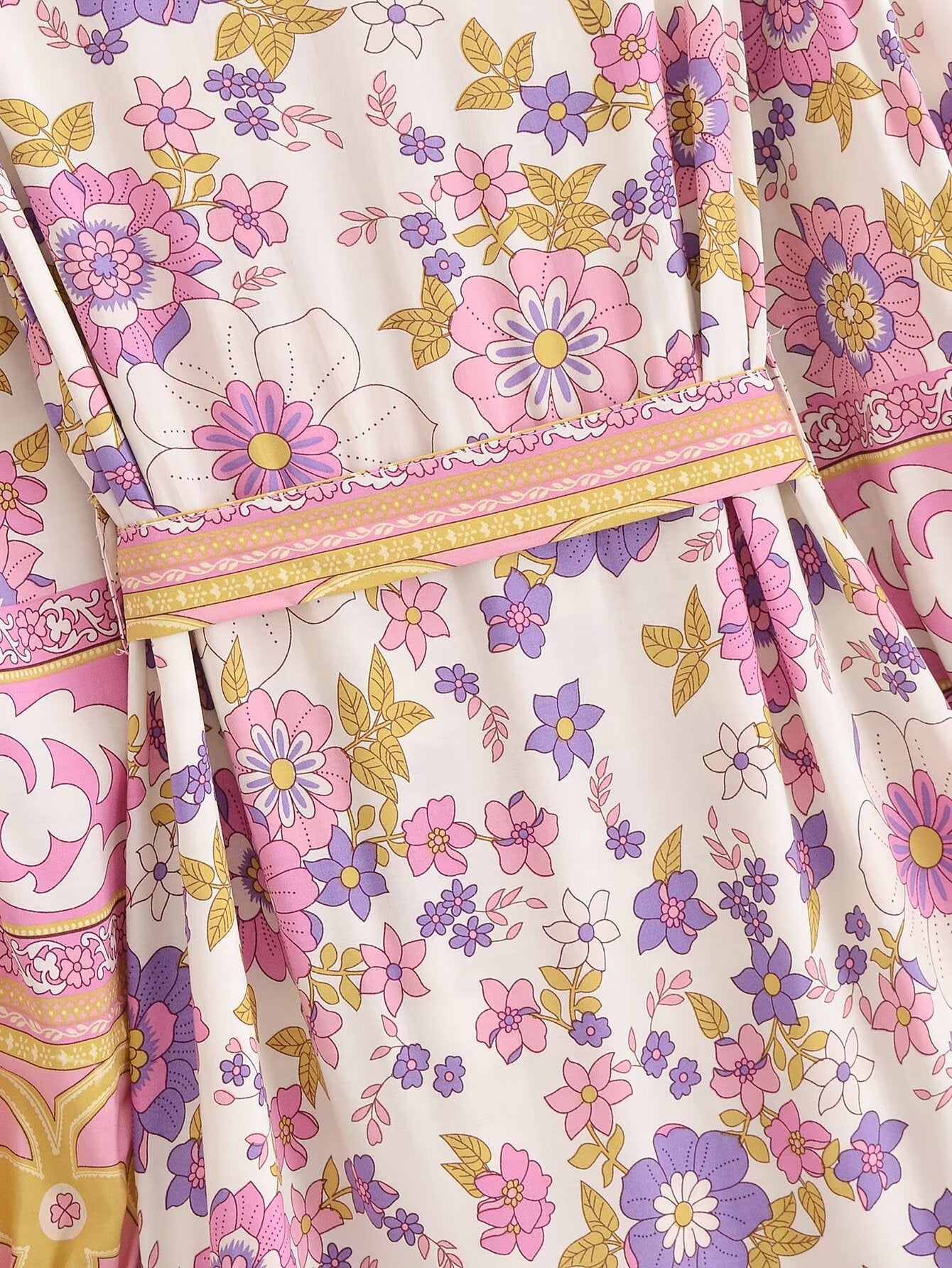 Malbusaat spring floral midi dress for women featuring pink and purple flower patterns with yellow accents