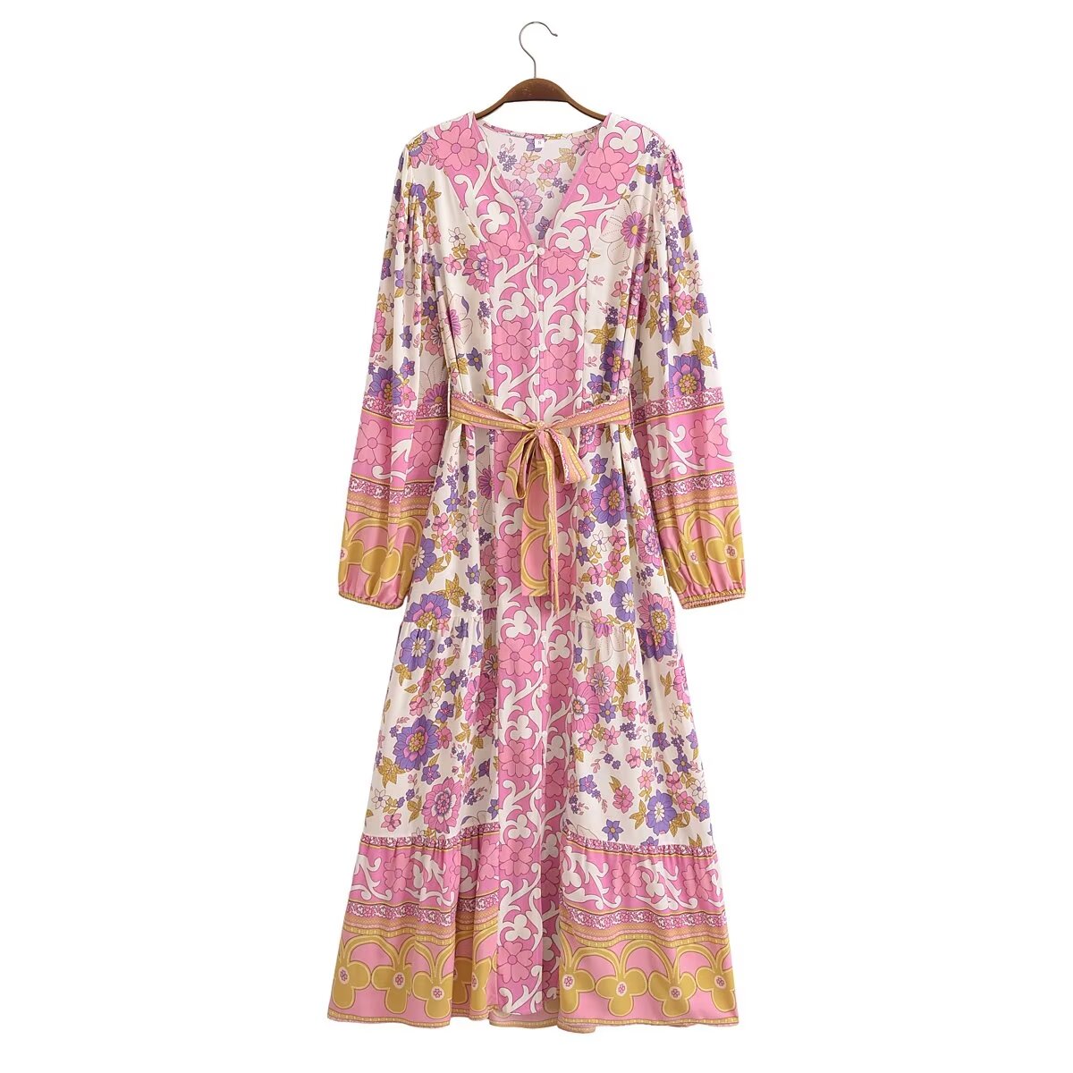 Malbusaat spring floral midi dress for women with long sleeves and pink purple floral print