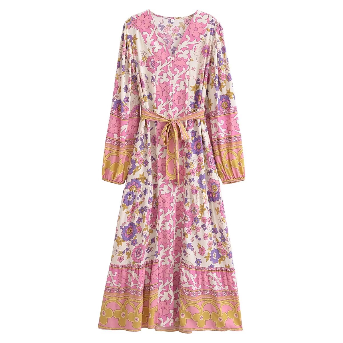 Malbusaat spring floral midi dress for women in pink purple and yellow tones with long sleeves and waist tie