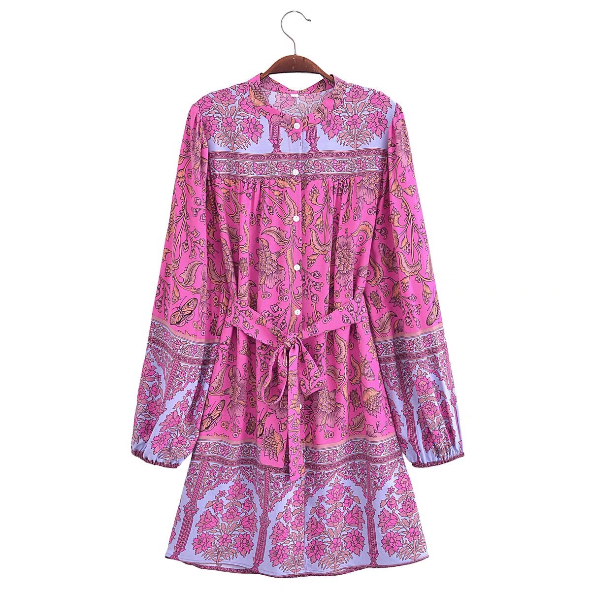 Malbusaat pink spring floral print maxi dress with long sleeves and waist tie belt