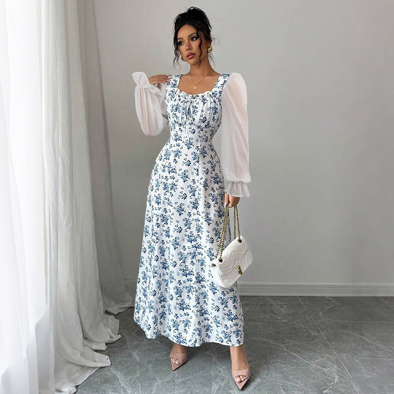 Malbusaat Square Neck Swing Dress in White with Floral Print and Puff Sleeves for a Stylish Look