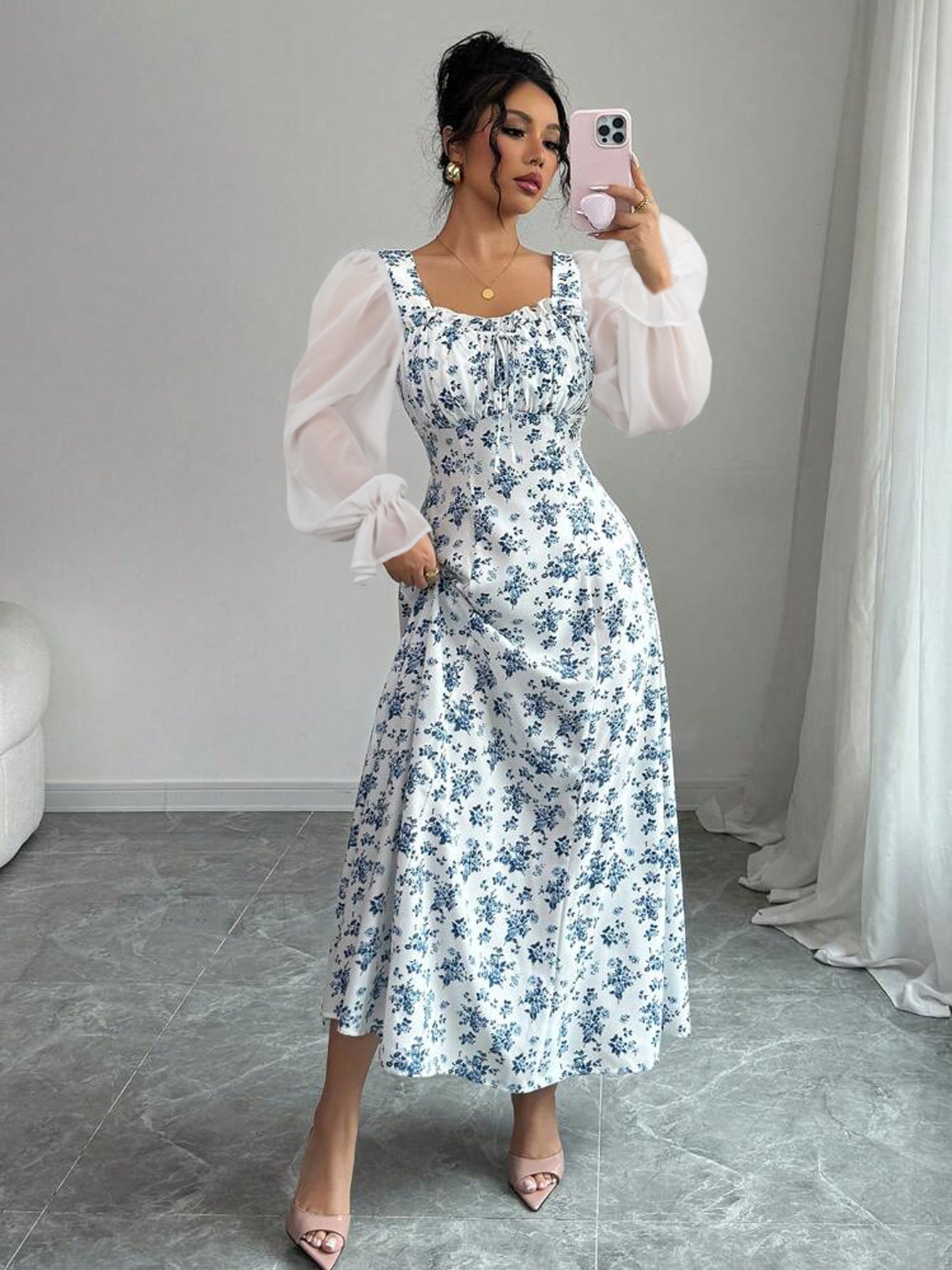 Malbusaat square neck swing dress in floral print with puff sleeves for elegant summer style