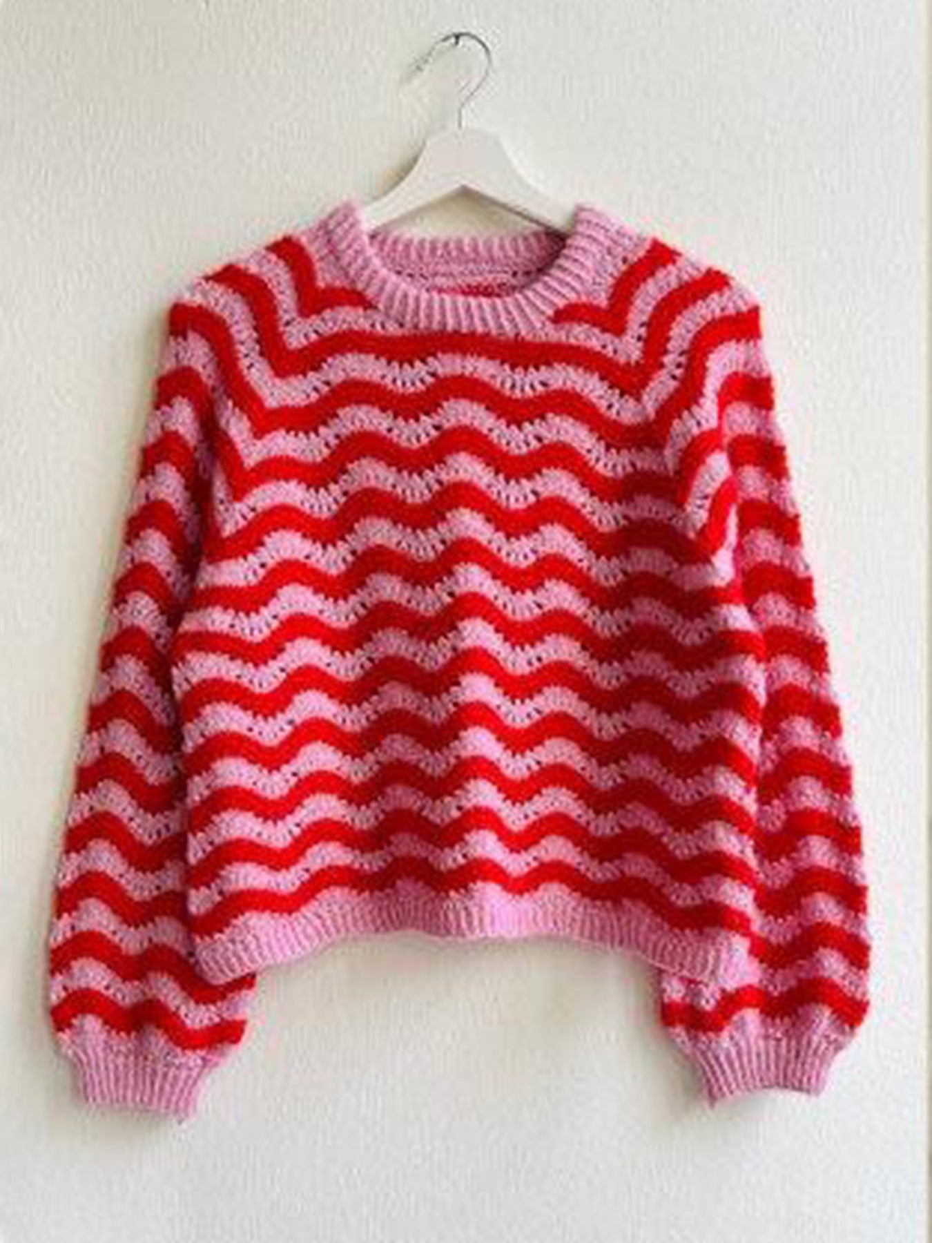 Pink and red striped knit sweater for women with long sleeves and round neckline by Malbusaat