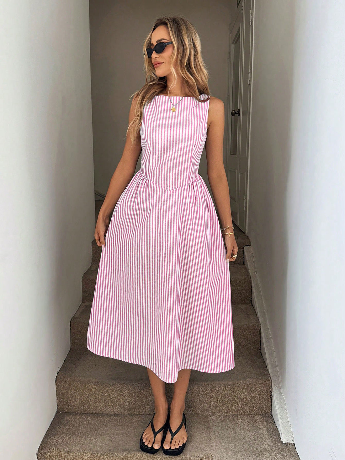 Striped Sleeveless Maxi Dress in - by Malbusaat