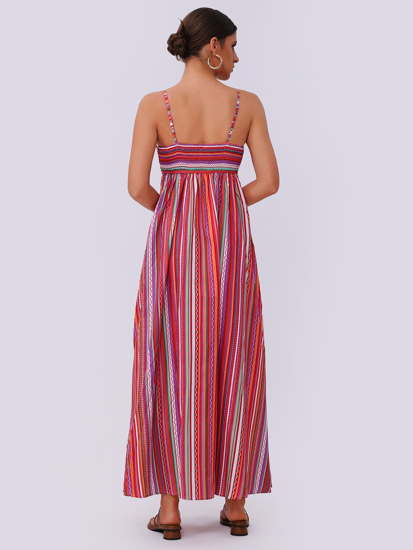 striped strap tube top dress A line with vibrant multicolour vertical stripes