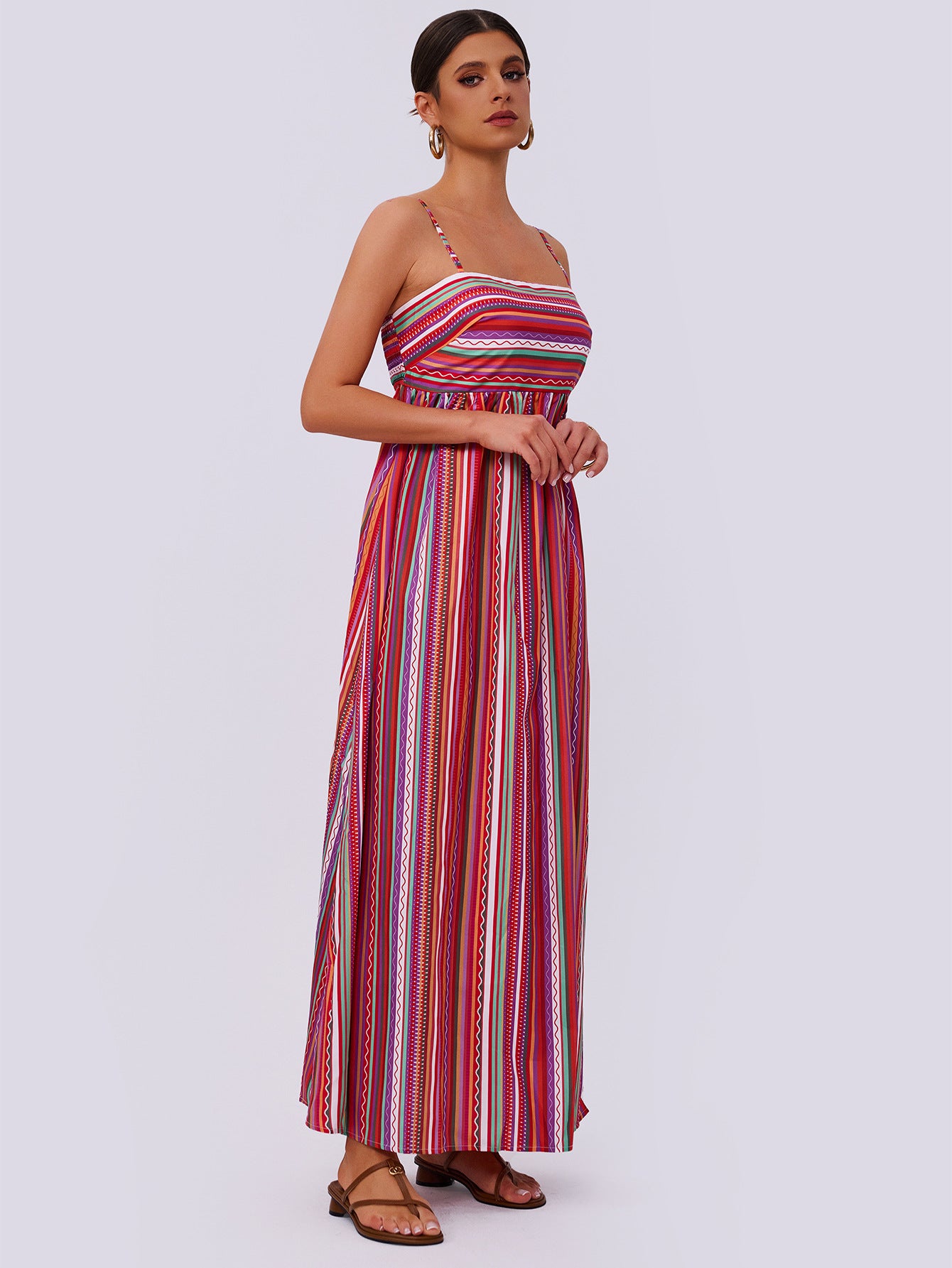 striped strap tube top dress with colorful vertical stripes and a flowing A-line silhouette