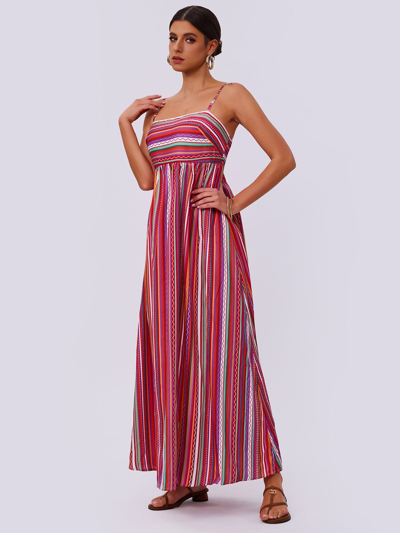 striped strap tube top dress in bright multicolour stripes with a flowing A-line silhouette