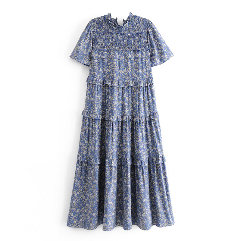 Malbusaat blue floral summer maxi dress for women with short sleeves and tiered design