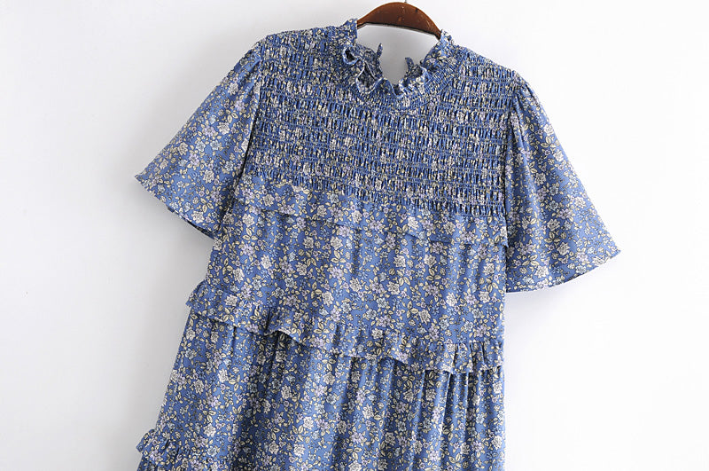 Malbusaat blue floral summer maxi dress for women with ruffle neckline and short sleeves