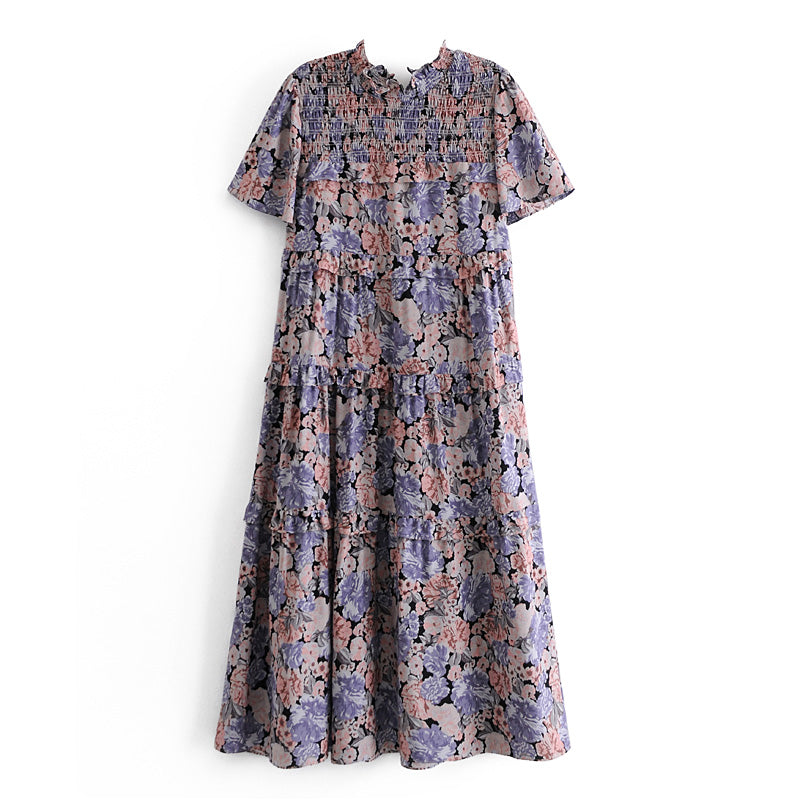 Malbusaat summer maxi dress for women with floral print and short sleeves in pastel colours