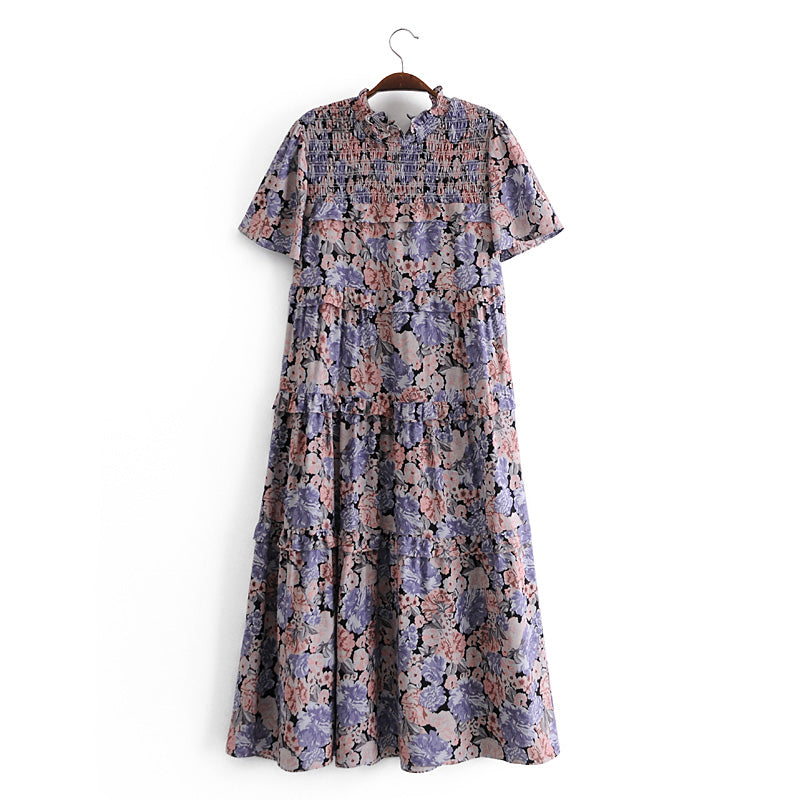 Malbusaat floral summer maxi dress for women with short sleeves and smocked bodice