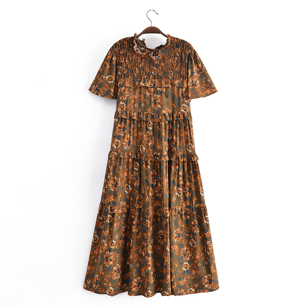 Malbusaat summer printed midi dress with brown floral pattern and short sleeves on hanger