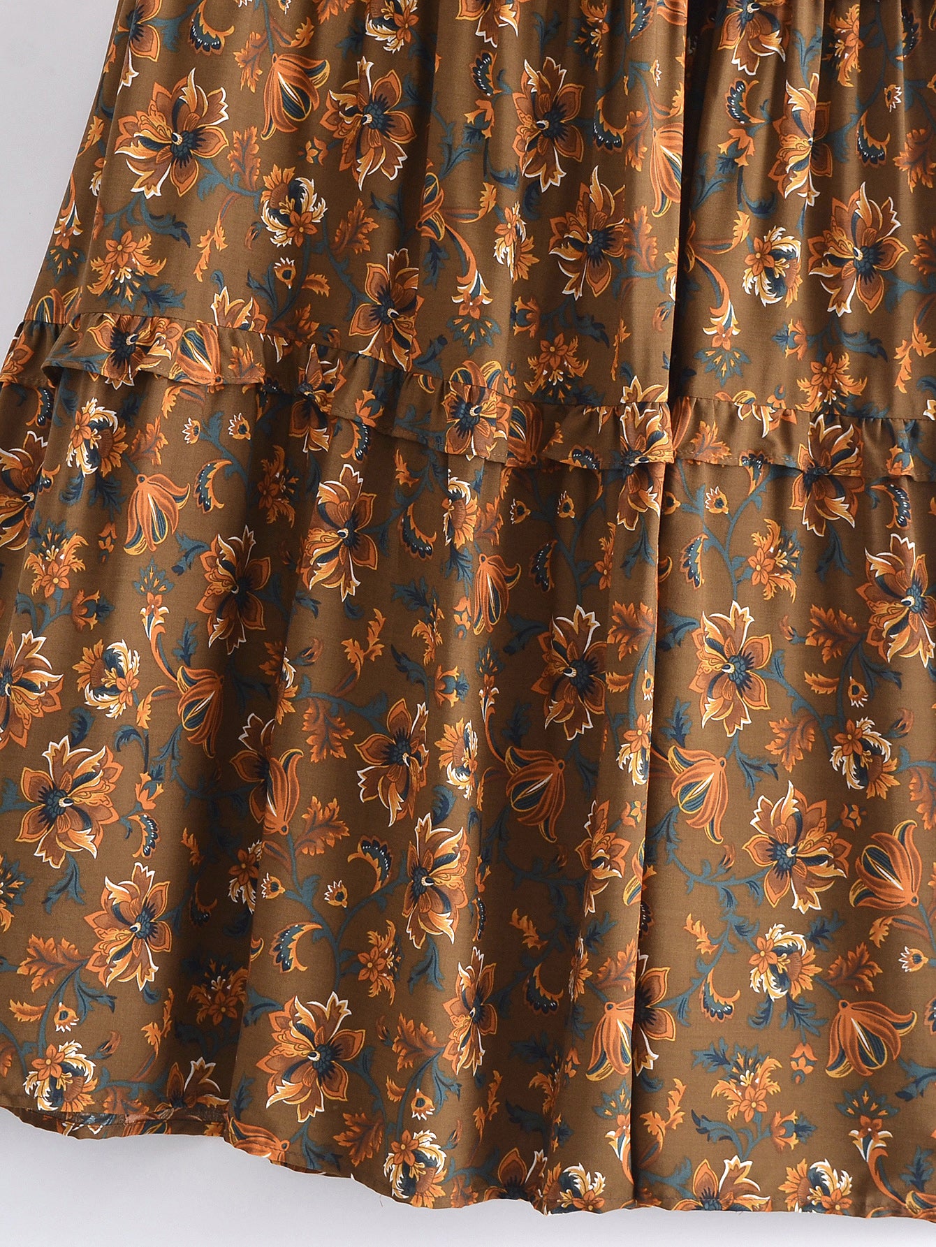 Malbusaat summer printed midi dress with brown floral pattern and ruffle detailing