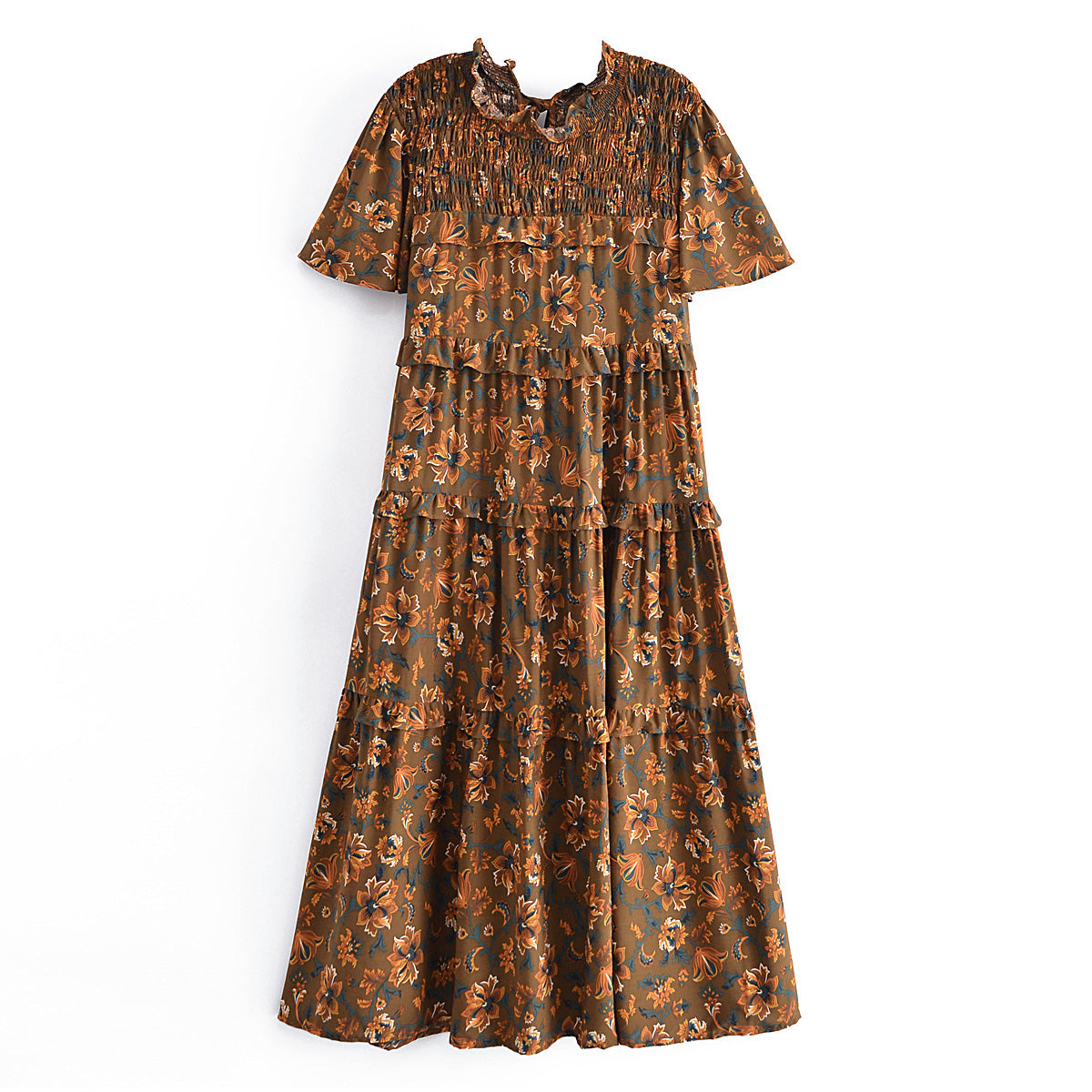 Malbusaat summer printed midi dress with floral pattern and smocked neckline in brown tones