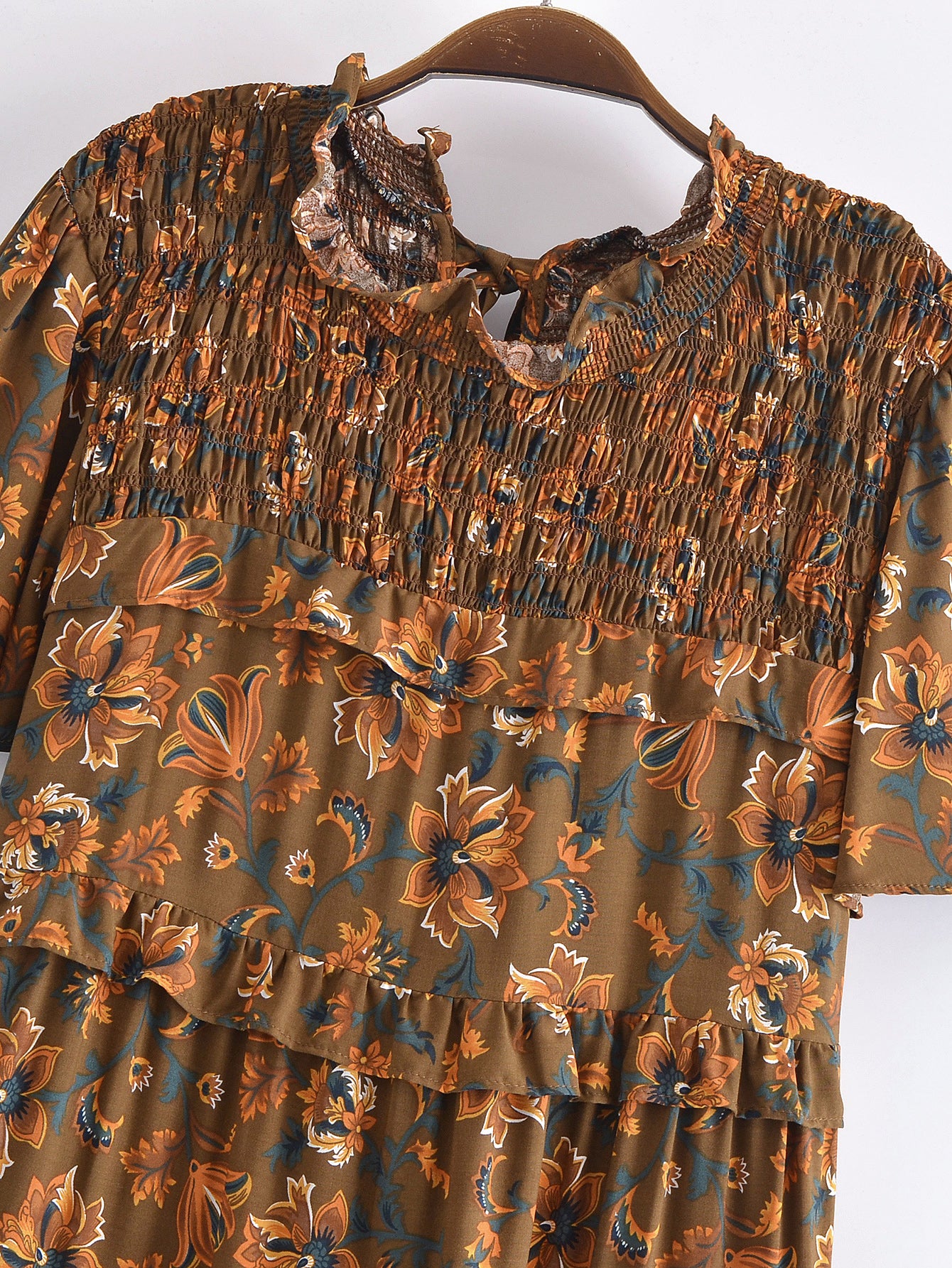 Malbusaat summer printed midi dress with floral pattern and ruffle details in earthy tones