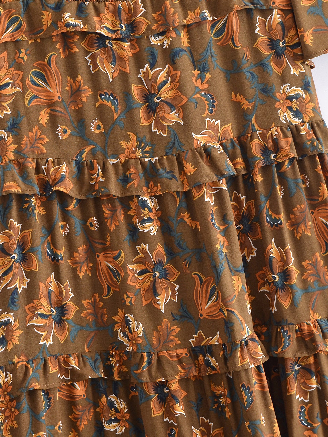 Malbusaat summer printed midi dress featuring detailed floral pattern in warm tones with ruffle tiers