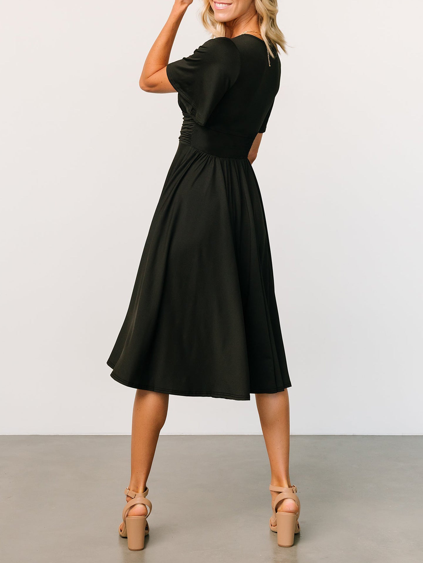Malbusaat black summer V neck dress for women with short sleeves and midi length