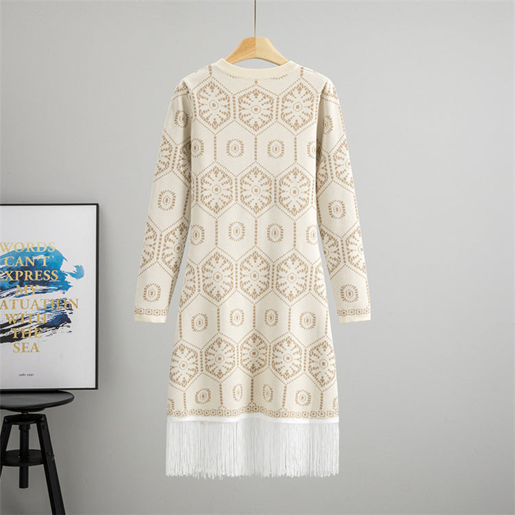 Malbusaat tassel button knit dress in cream with geometric patterns and fringe hem