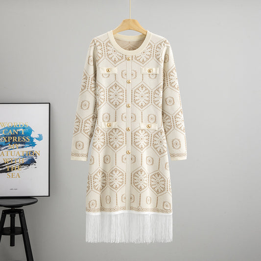 Malbusaat cream tassel button knit dress with geometric patterns and stylish fringe detail