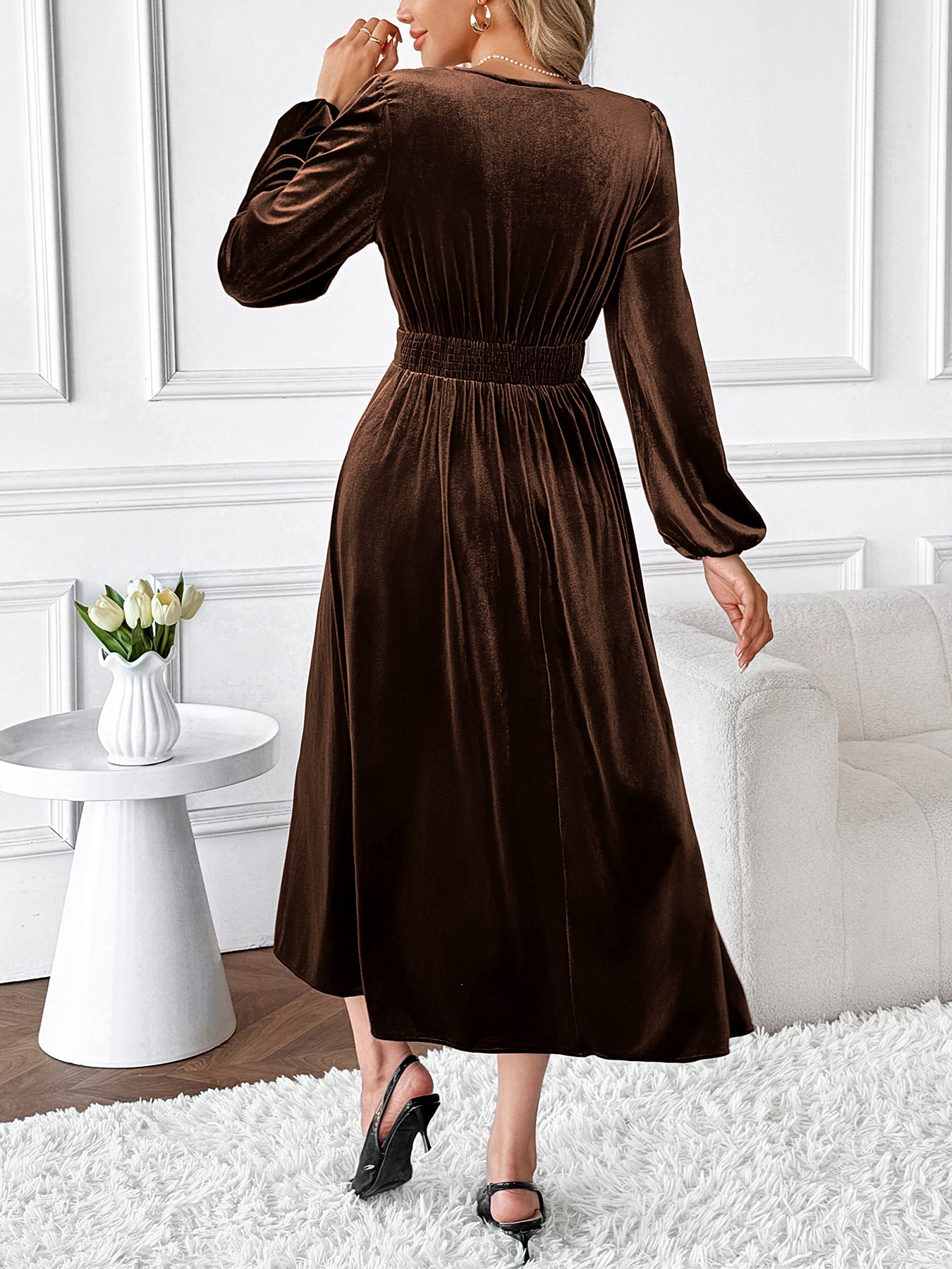 Elegant velvet lace v neck maxi dress in brown with long sleeves and a cinched waist for a sophisticated look