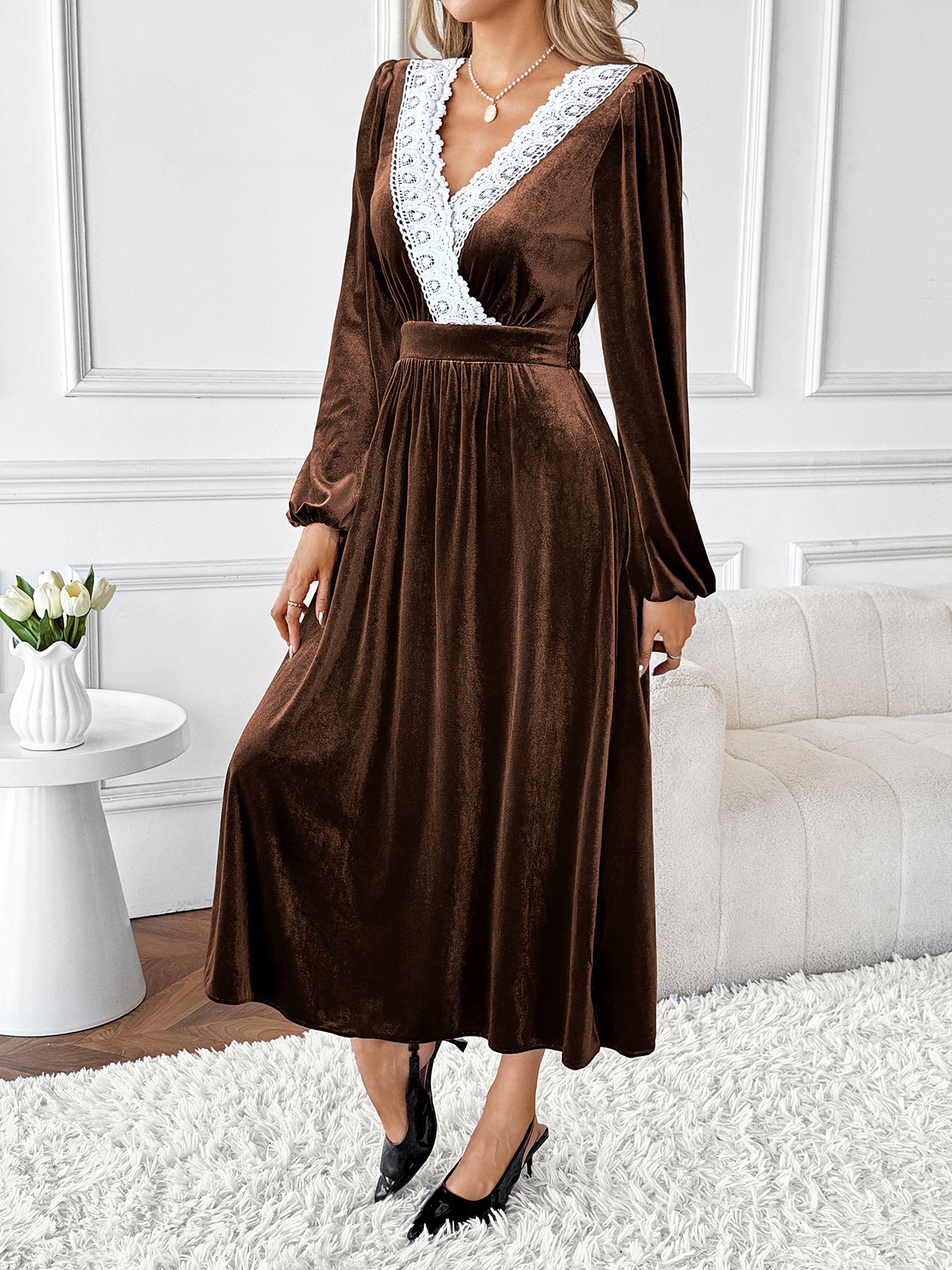 Malbusaat velvet lace v neck maxi dress in brown with elegant lace detailing and a flattering silhouette