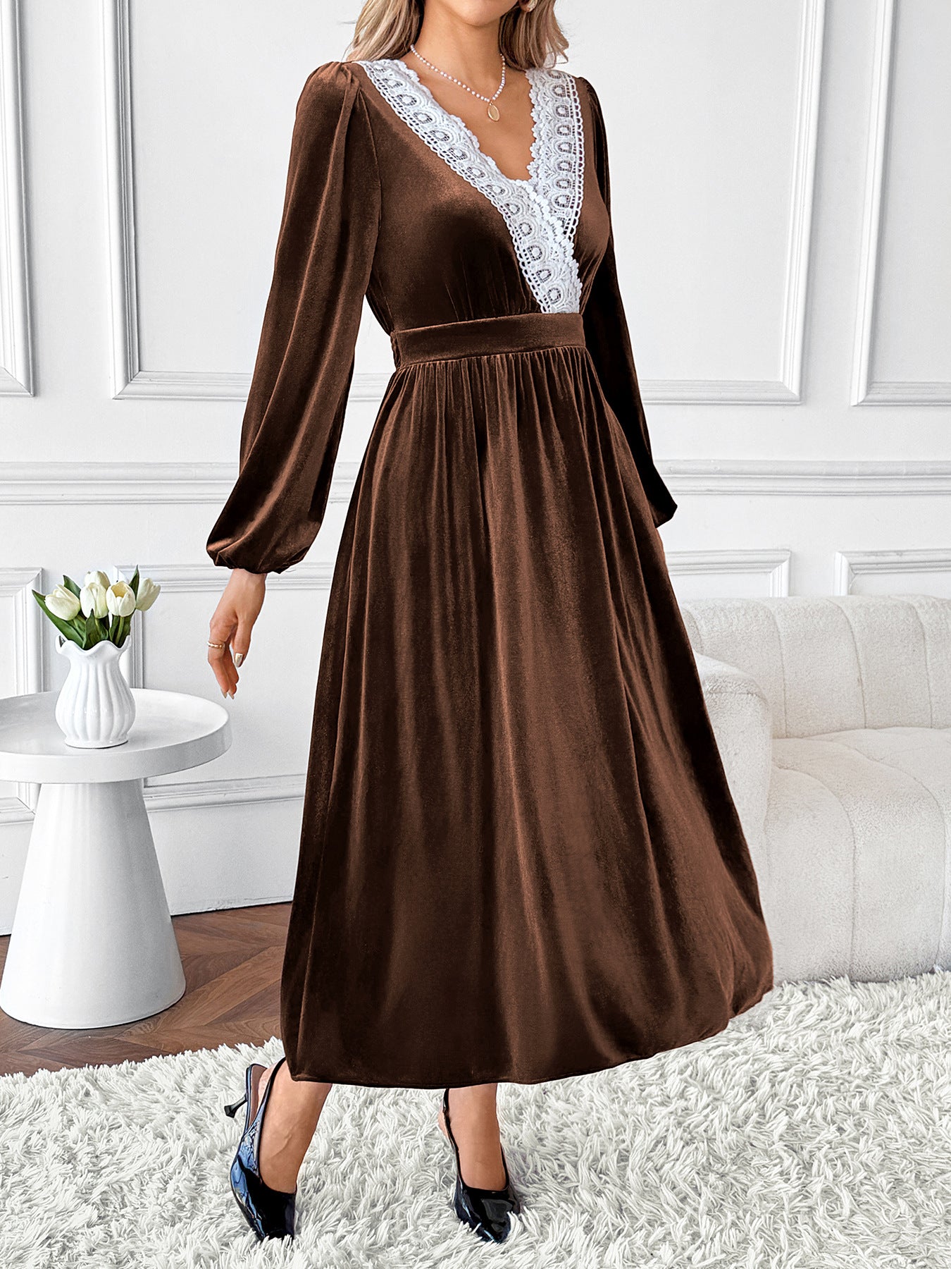 Malbusaat velvet lace v neck maxi dress in brown with long sleeves and elegant design
