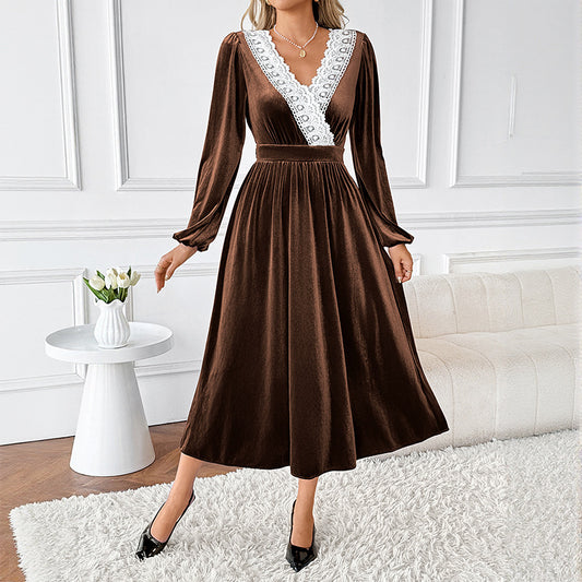 Elegant velvet lace v neck maxi dress in brown with long sleeves and a cinched waist