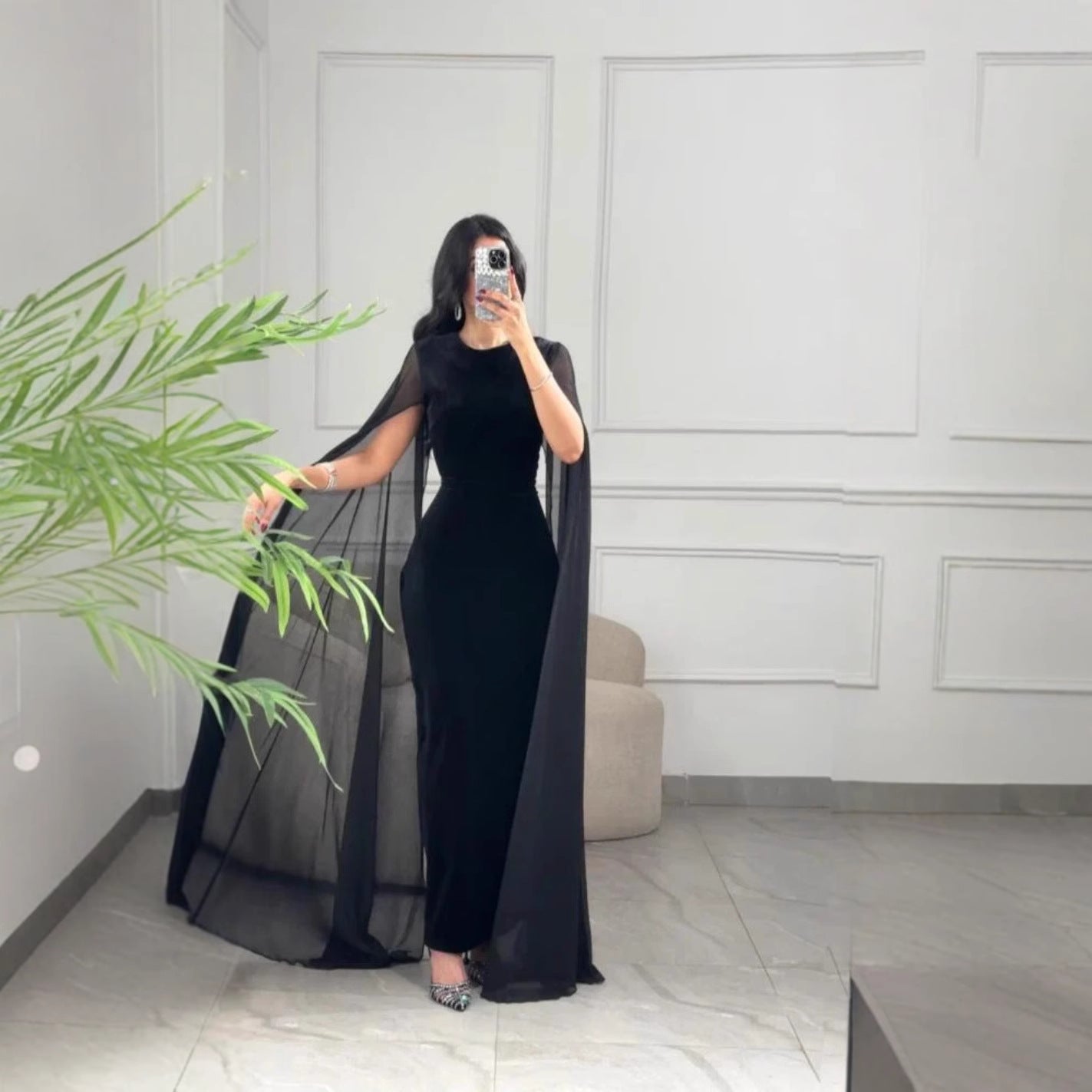 Elegant Malbusaat velvet sheath maxi dress UK with sheer cape detail perfect for formal occasions