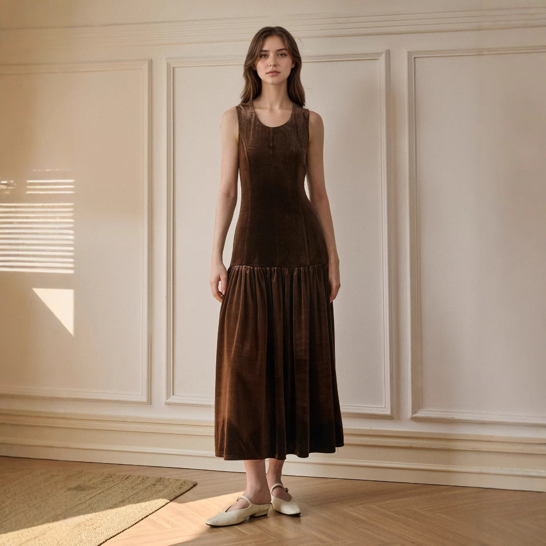 Malbusaat velvet sleeveless midi dress in brown with a flared bottom for elegant styling